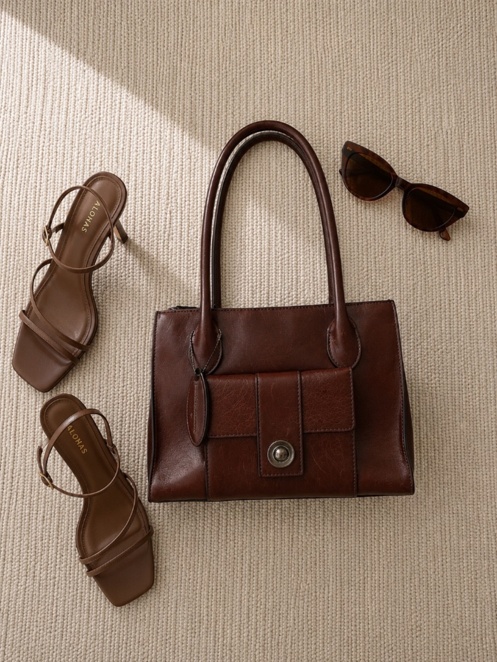 Vintage Genuine Leather Top Handle Handbag Brown